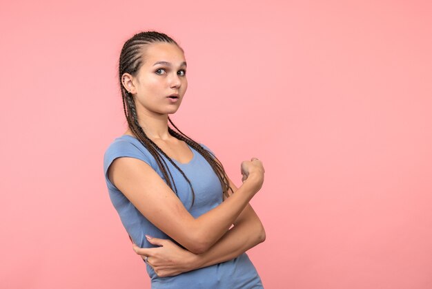 Front view of young female on light pink hair youth girl emotion model