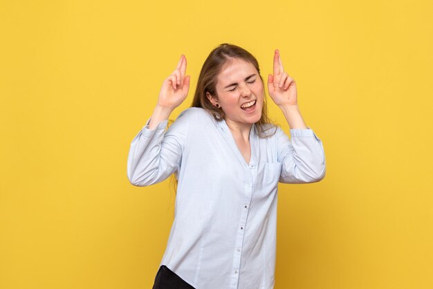 Front view of young female rejoicing