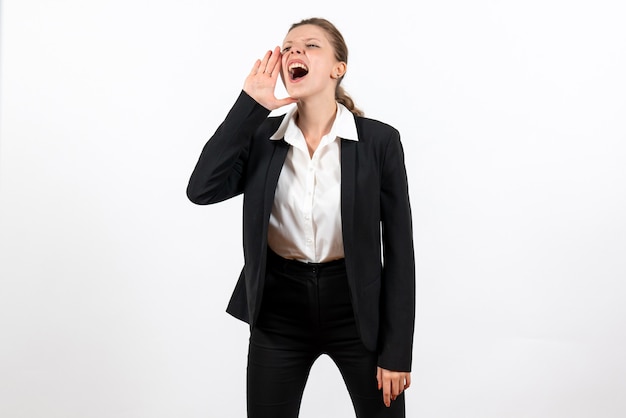 Front view young female in strict classic suit calling someone on white background woman business suit work job female