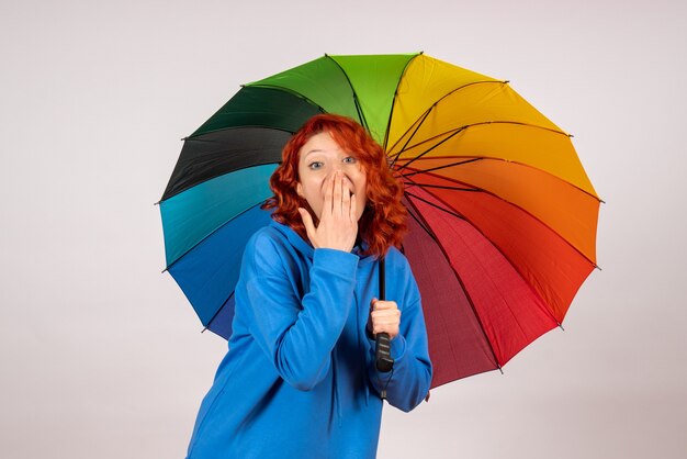 Front view of young female with colorful umbrella on a white wall