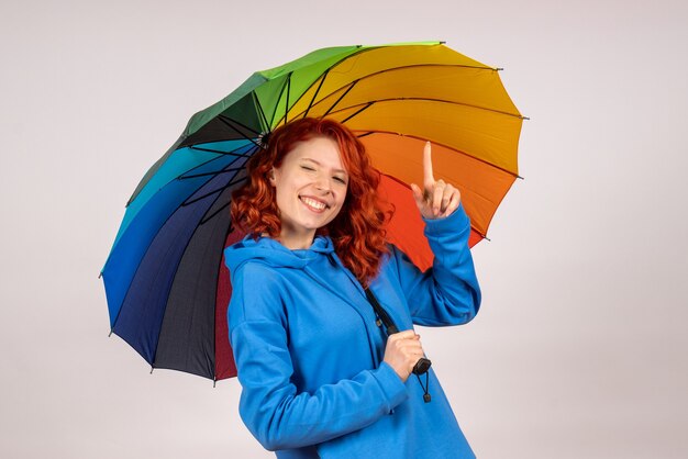 Front view of young female with colorful umbrella on a white wall