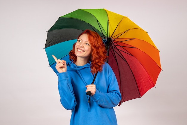 Front view of young female with colorful umbrella on the white wall