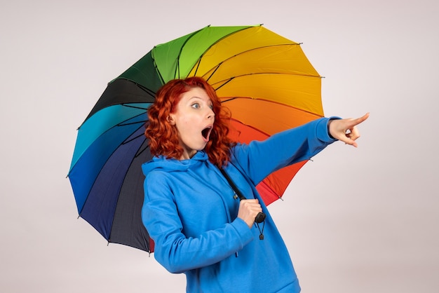 Front view of young female with colorful umbrella on the white wall