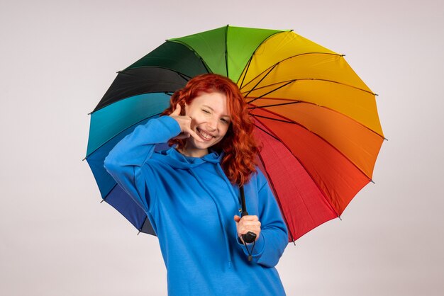 Front view of young female with colorful umbrella on white wall