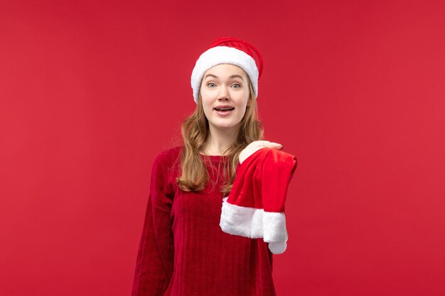 Front view young female with excited expression, holiday christmas emotion