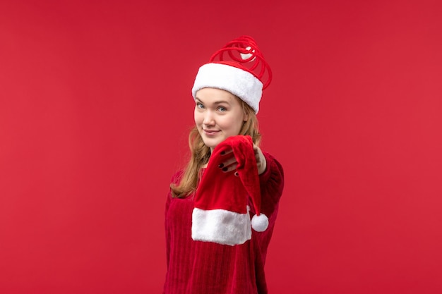 Free photo front view young female with excited expression, holiday christmas emotions