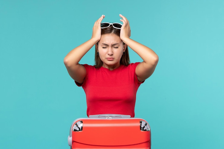 Front view young female with red bag on light blue space