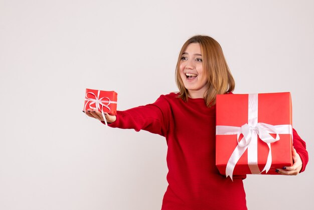 Front view young female with xmas presents