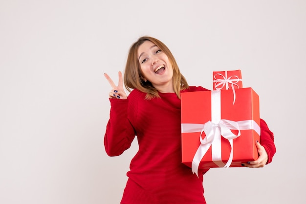 Front view young female with xmas presents