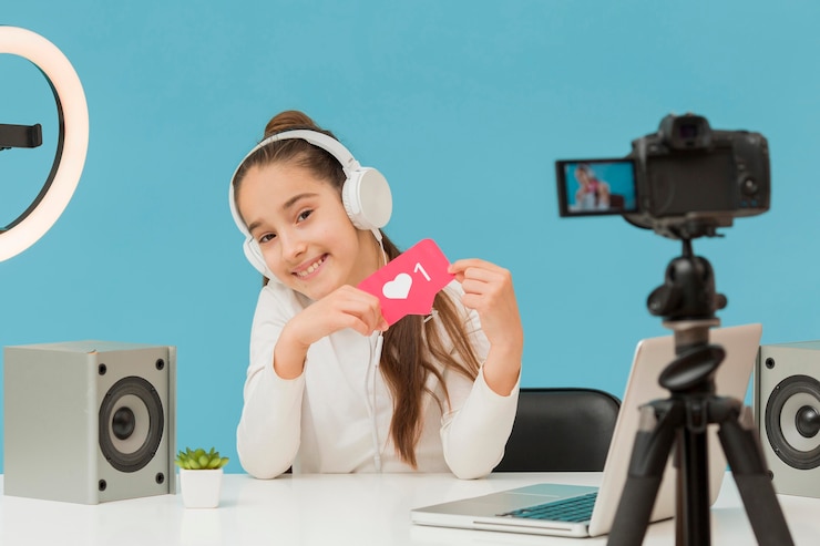 Free Photo front view young girl recording for personal blog