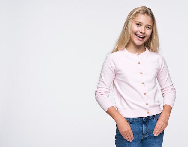 Front view young girl on white background