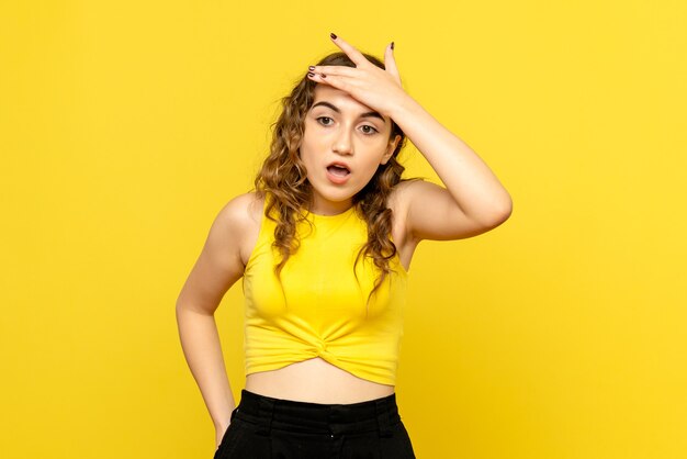 Вид спереди молодой девушки с удивленным выражением лица на желтой стене