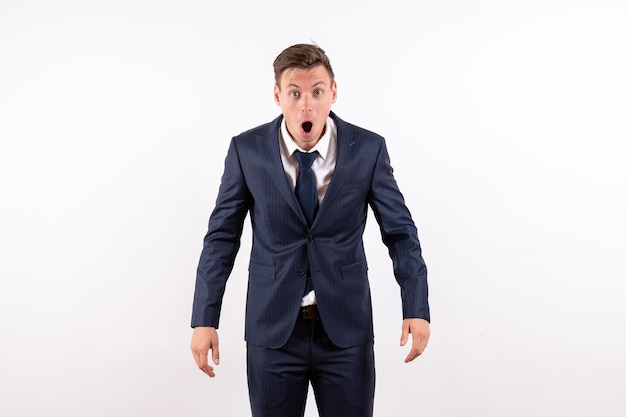 Front view young male in elegant classic suit posing with shocked face on a white background
