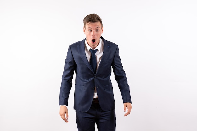 Front view young male in elegant classic suit with shocked face on white background