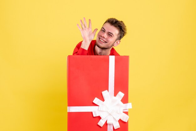 Front view young male hiding inside present box and smiling