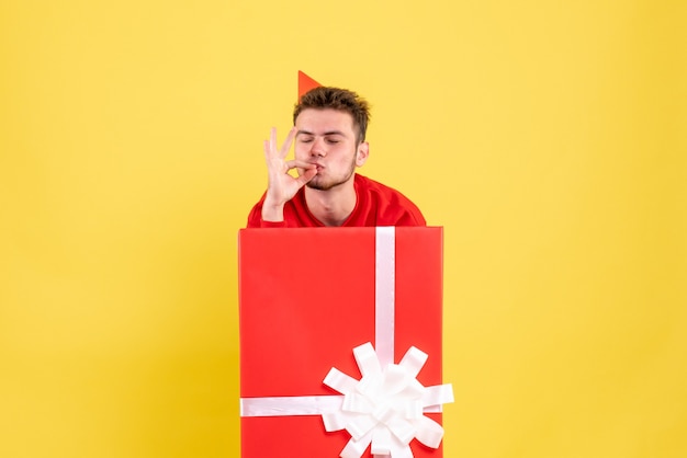 Front view young male in red shirt inside present box