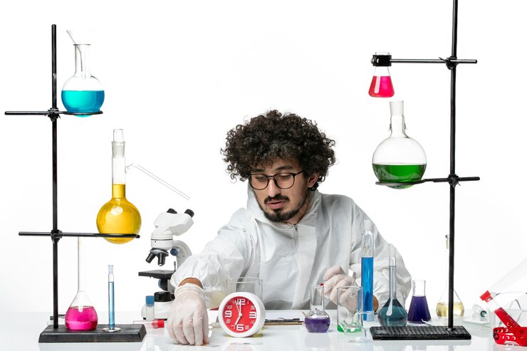 Free Photo front view young male scientist in special suit in working process on the white wall