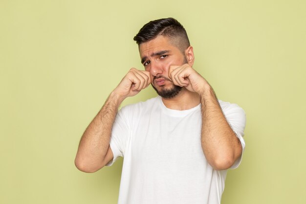 A front view young male in white t-shirt fake crying