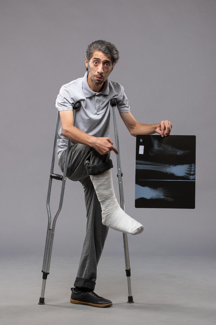 Free Photo front view young male with broken foot using crutches and holding his x-ray on grey desk pain disable leg broken accident foot