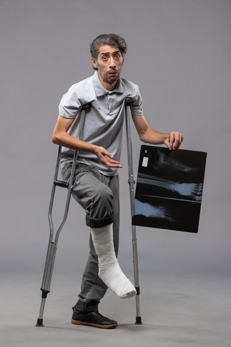 Free Photo front view young male with broken foot using crutches and holding his x-ray on grey wall pain disable twist broken accident foot