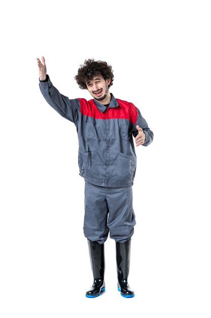 front view young male worker in uniform on white background