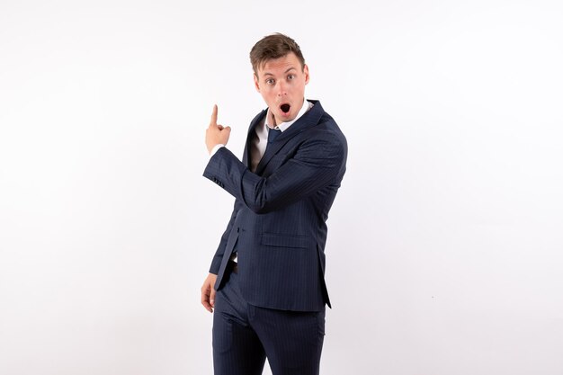 Front view young man in elegant classic suit posing with surprised face on white background