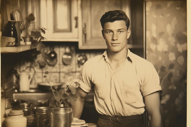 Front view young man posing vintage portrait