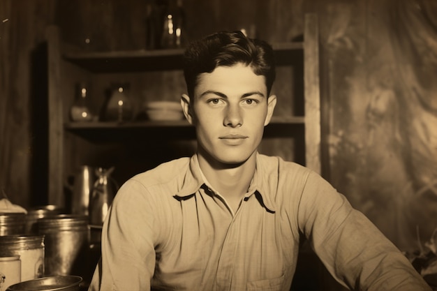 Free photo front view young man posing vintage portrait