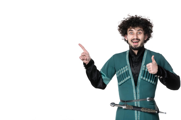 Free photo front view of young man in traditional azerbaijani costume on white background dancer performer ethnicity horizontal spring colours novruz