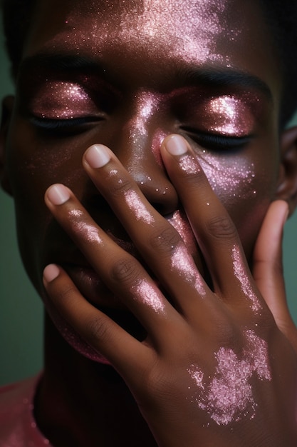 Free photo front view young man wearing glitter