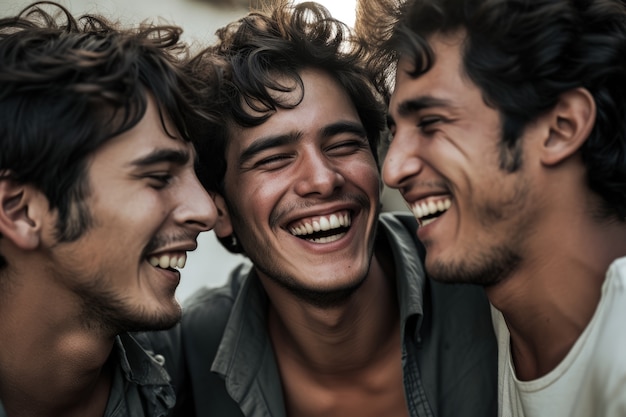 Front view young men laughing
