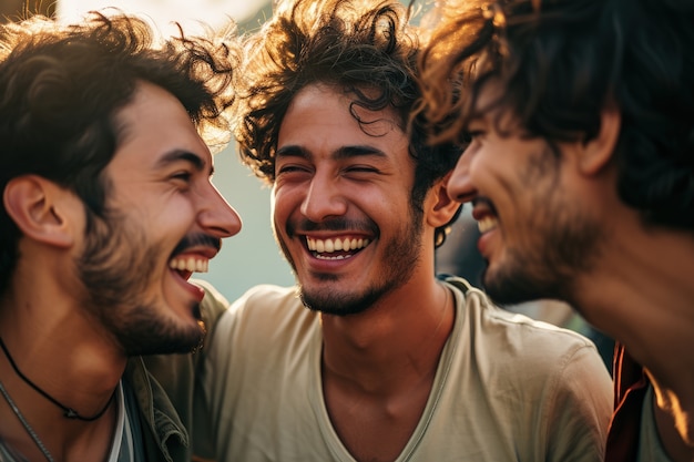 Front view young men laughing