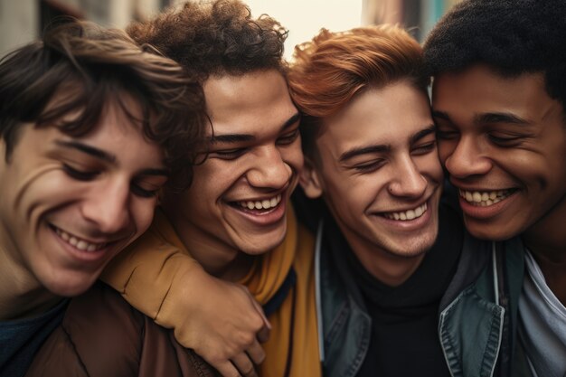 Front view young men laughing