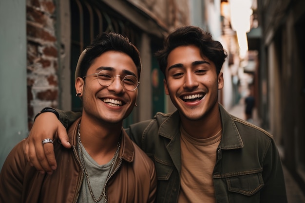 Front view young men laughing