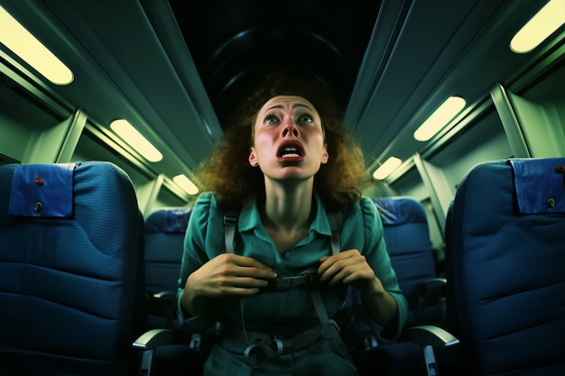 Free photo front view young woman experiencing anxiety on the plane