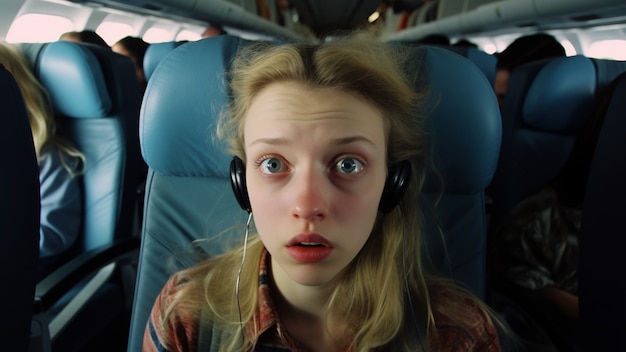 Вид спереди молодая женщина испытывает тревогу в самолете