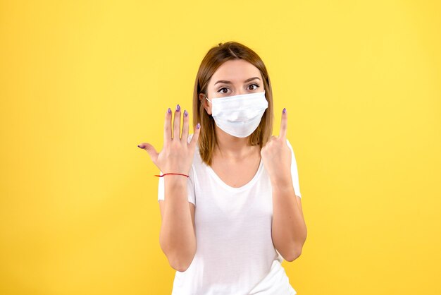 Front view of young woman in mask on a yellow wall