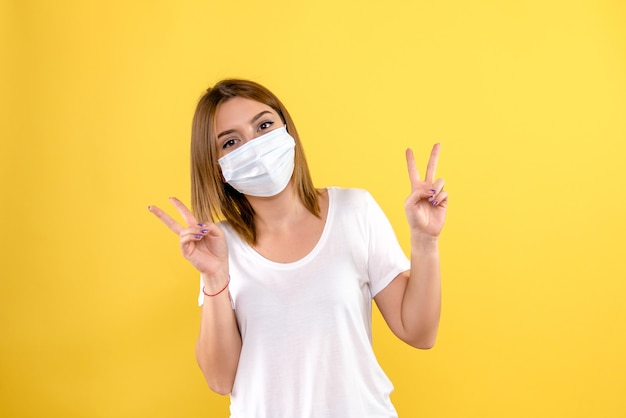 Front view of of young woman in mask on a yellow wall