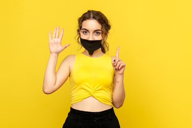 Front view of young woman in mask on yellow wall