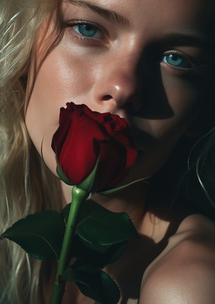 Free photo front view young woman posing with rose