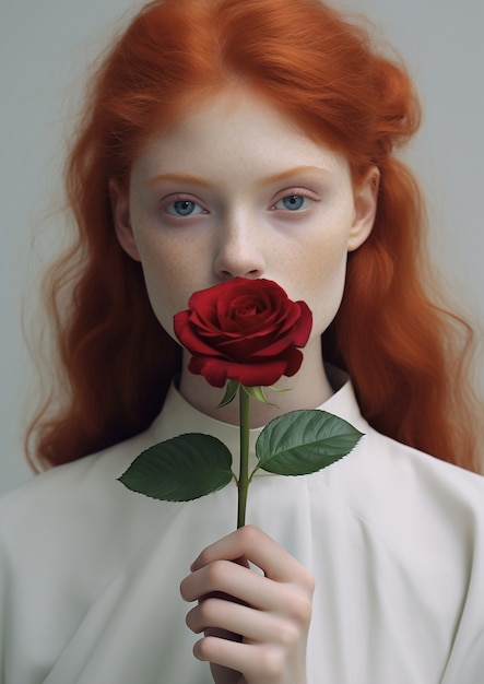 Front view young woman posing with rose