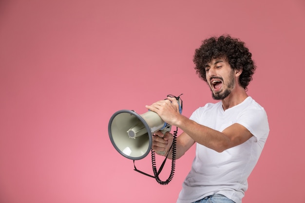 Front view young woman screaming with microphone