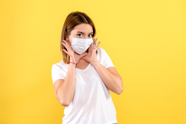 Front view of young woman in sterile mask on yellow wall