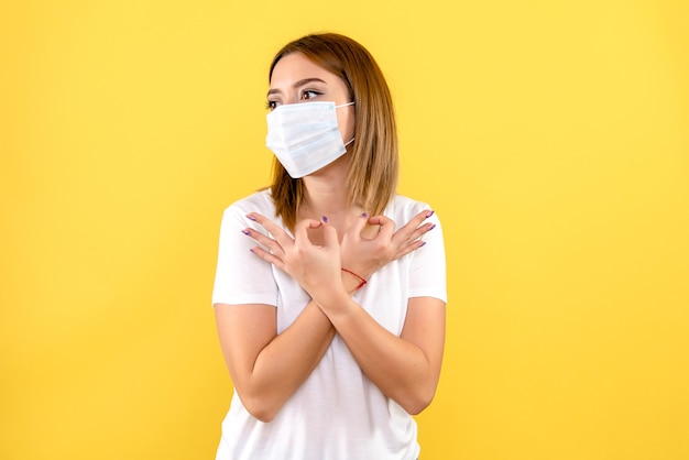 Front view of young woman in sterile mask on yellow wall