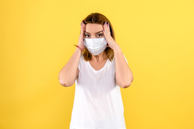 Front view of young woman stressed in mask on yellow wall