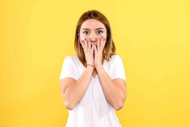 Front view of young woman surprised on yellow wall