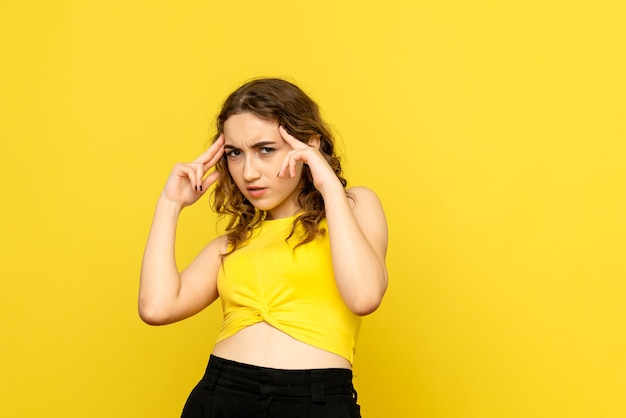 Front view of young woman with confused expression on yellow wall