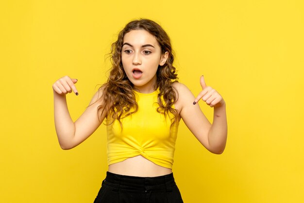 Front view of young woman with surprised expression on yellow wall