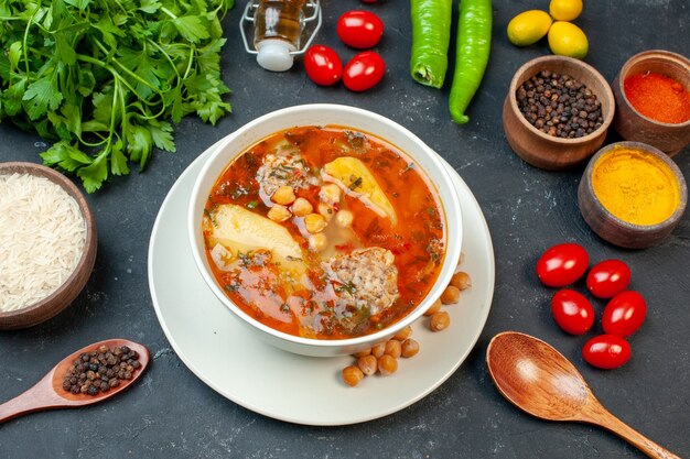 어두운 테이블에 채소와 조미료와 함께 전면보기 맛있는 고기 수프