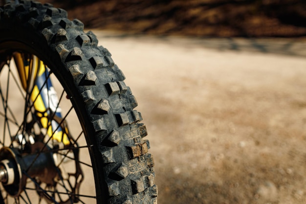 Free photo the front wheel of motocross close up